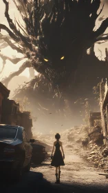 Girl faces colossal tree monster in ruined city street
