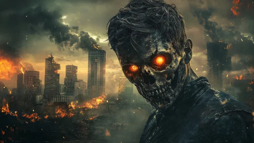 Cybernetic skull warrior dominates burning post-apocalyptic city
