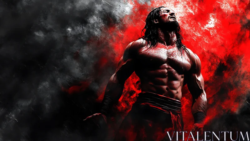 Muscular male figure stands against red and black smoke