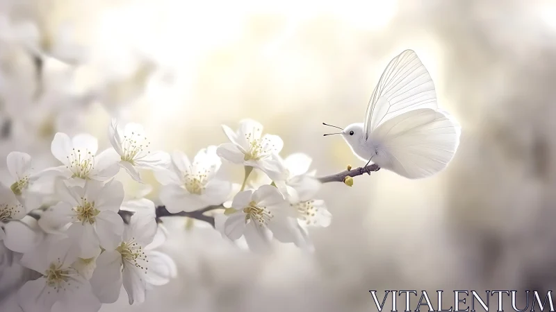 Whisperwhite butterfly pausing on clouds of spring blossom.