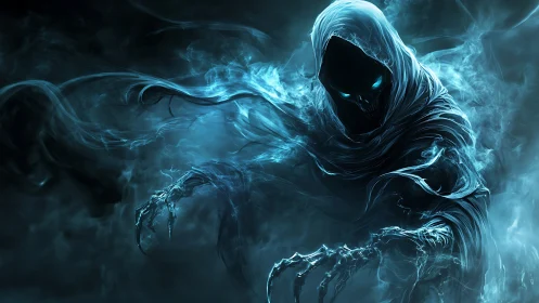 Spectral wraith emerges from swirling cyan ectoplasmic smoke