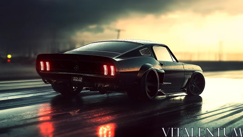 Modified classic fastback car on wet roadway at dusk.