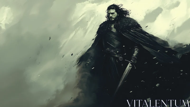 Storm-swept warrior in black leather armor strides through swirling mist