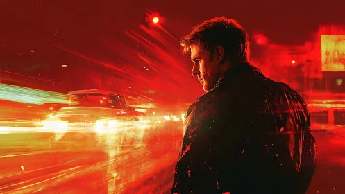 Solitary man stands in red neon traffic blur at night