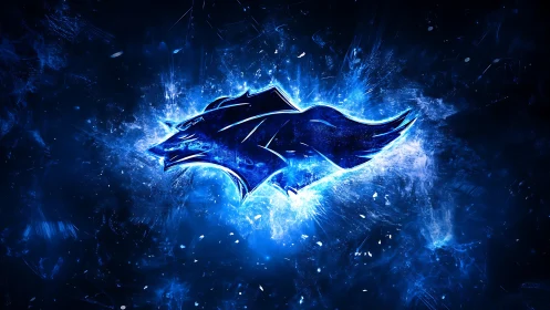 Electric wolf sigil exploding through deep cosmic blue storm.