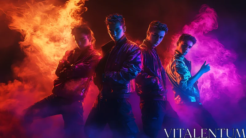 Neon-lit boy band lineup framed by vivid glowing smoke.