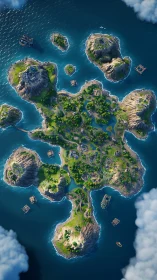 Aerial Archipelago Development: Multi-island Coastal Community with Surrounding Maritime Infrastruct