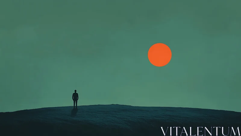 Silhouetted figure on ridge beneath large orange sun.