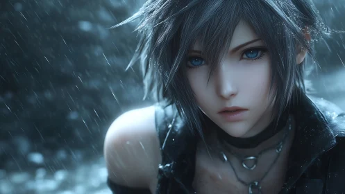 Rain-forged stare slices through stormlit steel-blue dusk