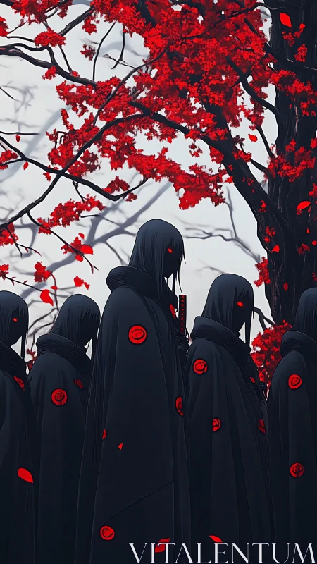 Hooded figures under red foliage in stylized forest scene.