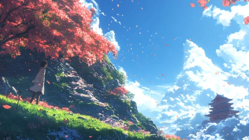 Anime landscape with cherry hillside and distant pagoda under sky.