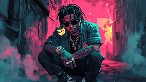 Neon-lit alley king crouches in electric vapor haze.