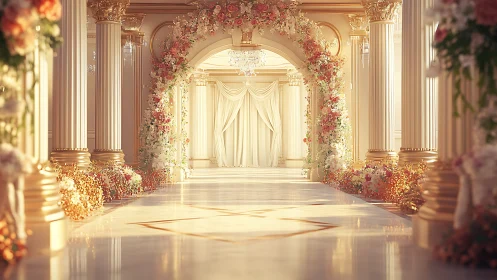 Digital painting of neoclassical floral wedding archway interior.