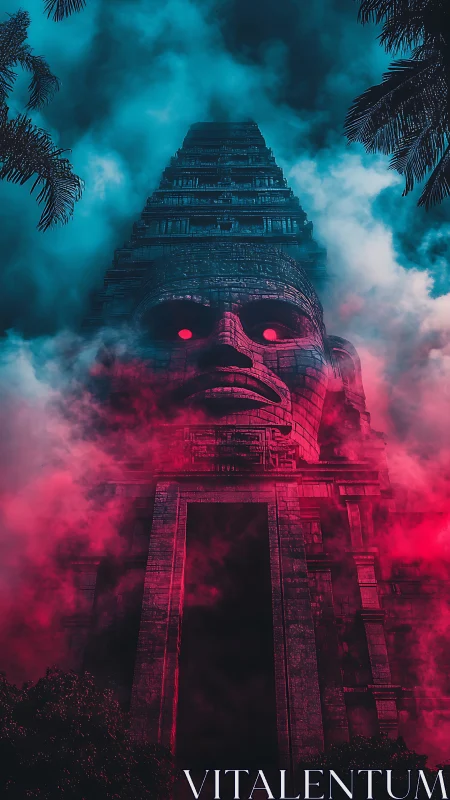 Monolithic stone temple tower with colossal face relief.