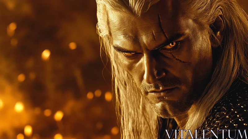 Cinematic close-up portrait with fiery fantasy grading.