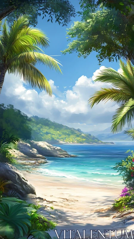 Tropical beach cove with palms and limestone cliffs overlooks turquoise waters.