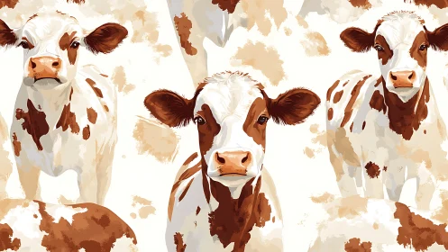 Curious brown and white calves in a cozy painted crowd.