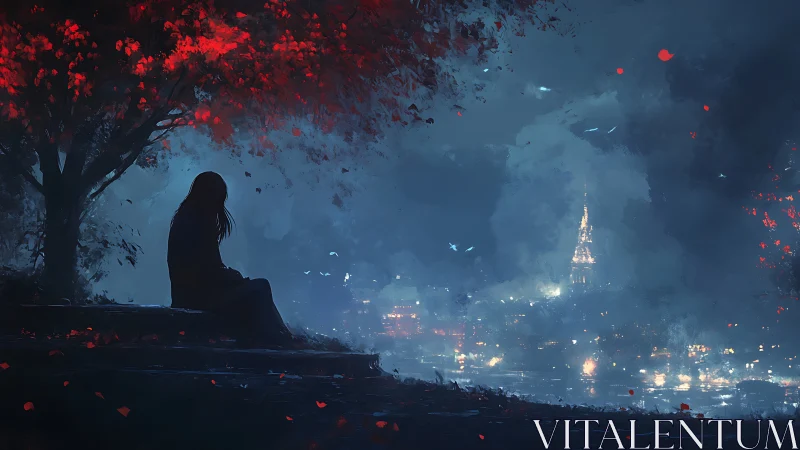 Solitary figure under crimson tree watching distant city lights.