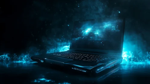 Futuristic gaming laptop glows with blue digital energy effects