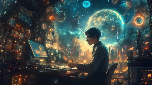 Nighttime coder surrounded by cosmic neon city dreams.