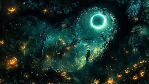 Moonlit pumpkin forest and lone spirit beneath an eerie haloed sky.