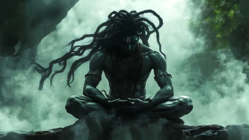 Mystic warrior meditates on rock ledge amid swirling fog