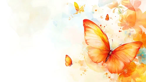 Orange butterflies on light abstract floral watercolor field.