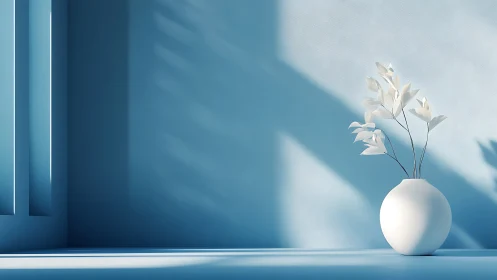Monochrome blue interior with white spherical vase study.