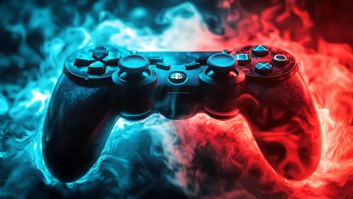 DualShock-style gamepad in bicolor neon vapor cloud lighting