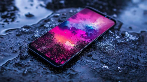 Neon storm smartphone dreaming on rain glazed asphalt.