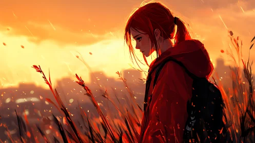 Solitary red-haired girl in glowing sunset fieldscape.