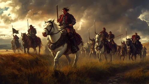 Highland cavalry charge beneath stormlit evening sky.