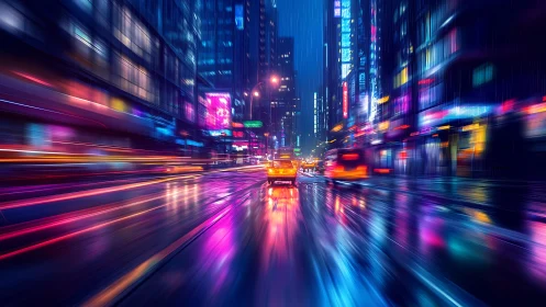 Neon city street glows as a lone taxi rides through the rain