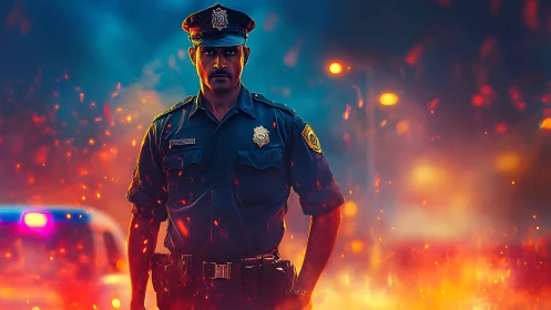 Police officer standing in front of patrol car at night.