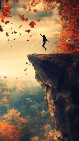 Silhouette leaping from autumn cliff above misty forest valley