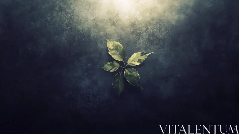 Solitary green sprig quietly negotiates with the darkness