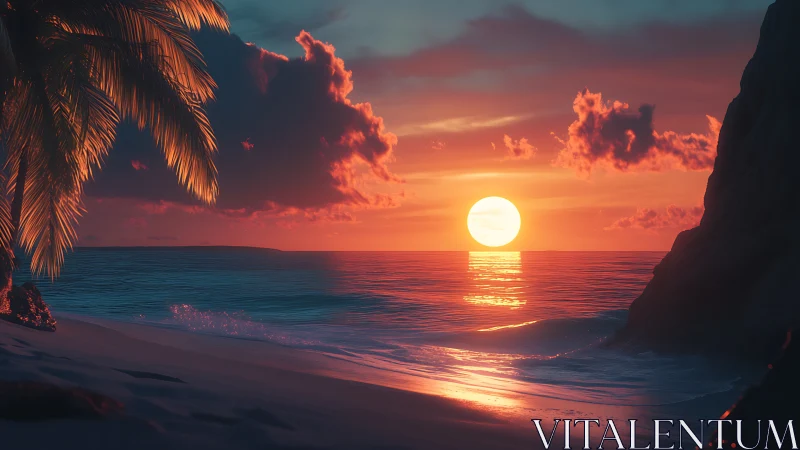 Digital seascape sunset with palm silhouettes and coastal framing.
