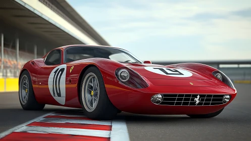 Red vintage race car sits on curbing at modern racetrack