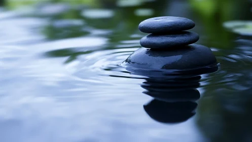 Stacked dark stones rest on calm reflective water surface
