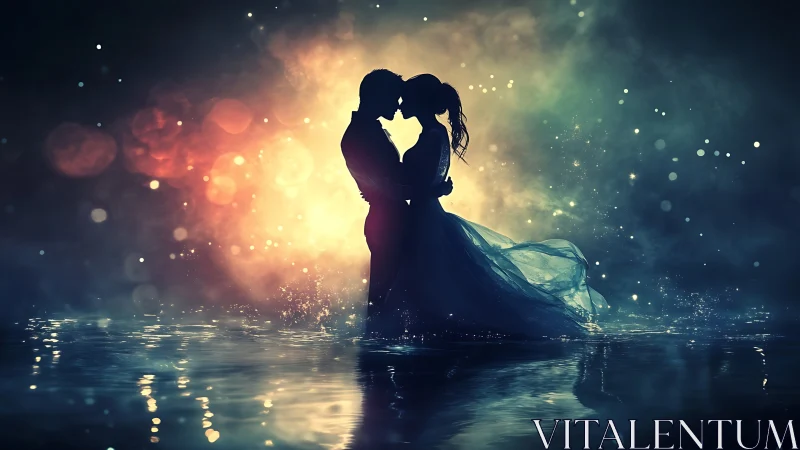 Silhouetted couple kissing in luminescent water with heart light glow.