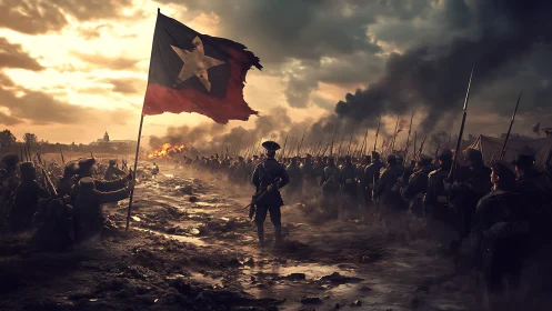 War-torn battlefield with lone officer between rival armies.