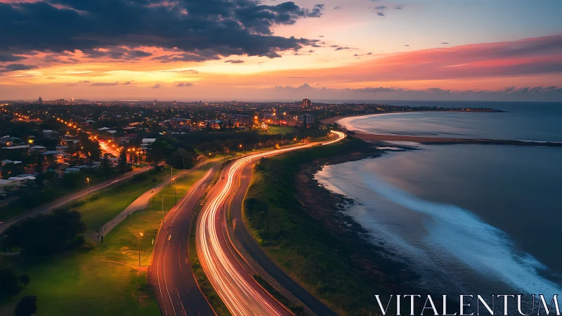 Coastal highway light trails beside illuminated seaside city.