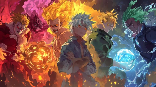 Elemental anime warriors clash amid blazing fire and ice energy