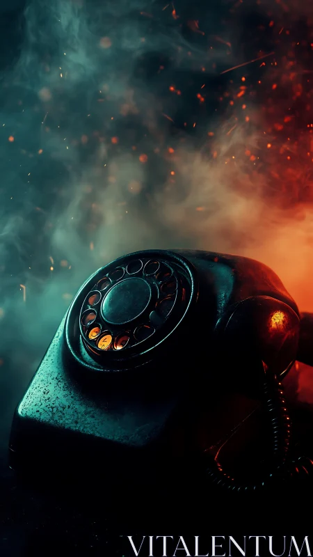 Retro rotary phone in cinematic smoke and sparks.