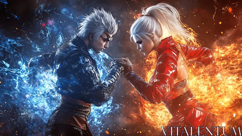 Fire and ice warriors clash in intense elemental duel scene