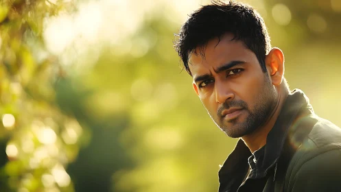 Intense male portrait under golden outdoor backlight glow.