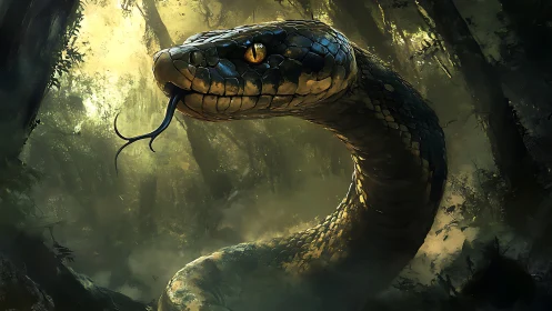 Emerald jungle titan rearing with molten-gold serpent gaze.