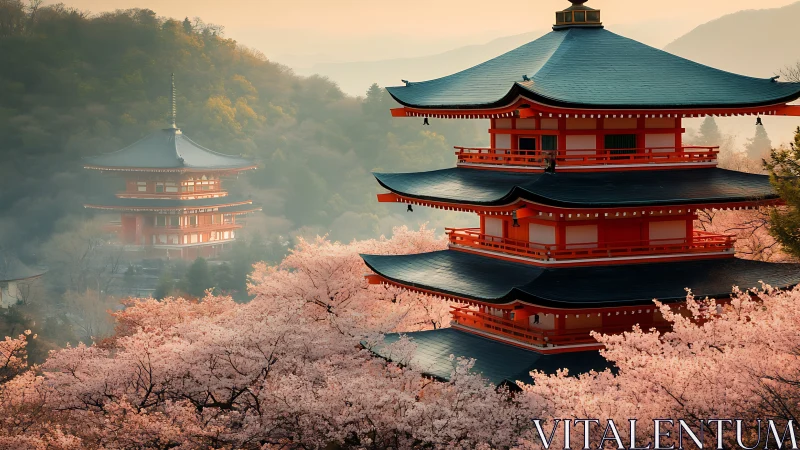 Tiered pagodas amid cherry blossoms in hilly landscape.