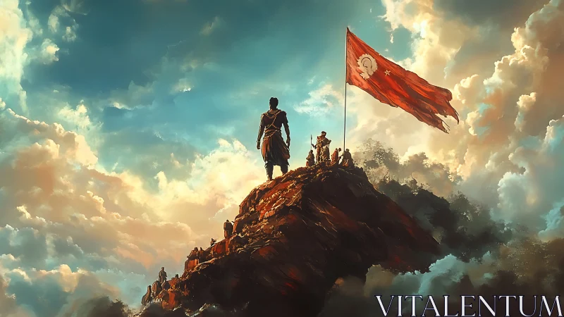 Warrior summit stands under blazing red victory banner.