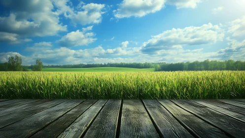 Sunlit wooden deck overlooks lush green summer meadow.